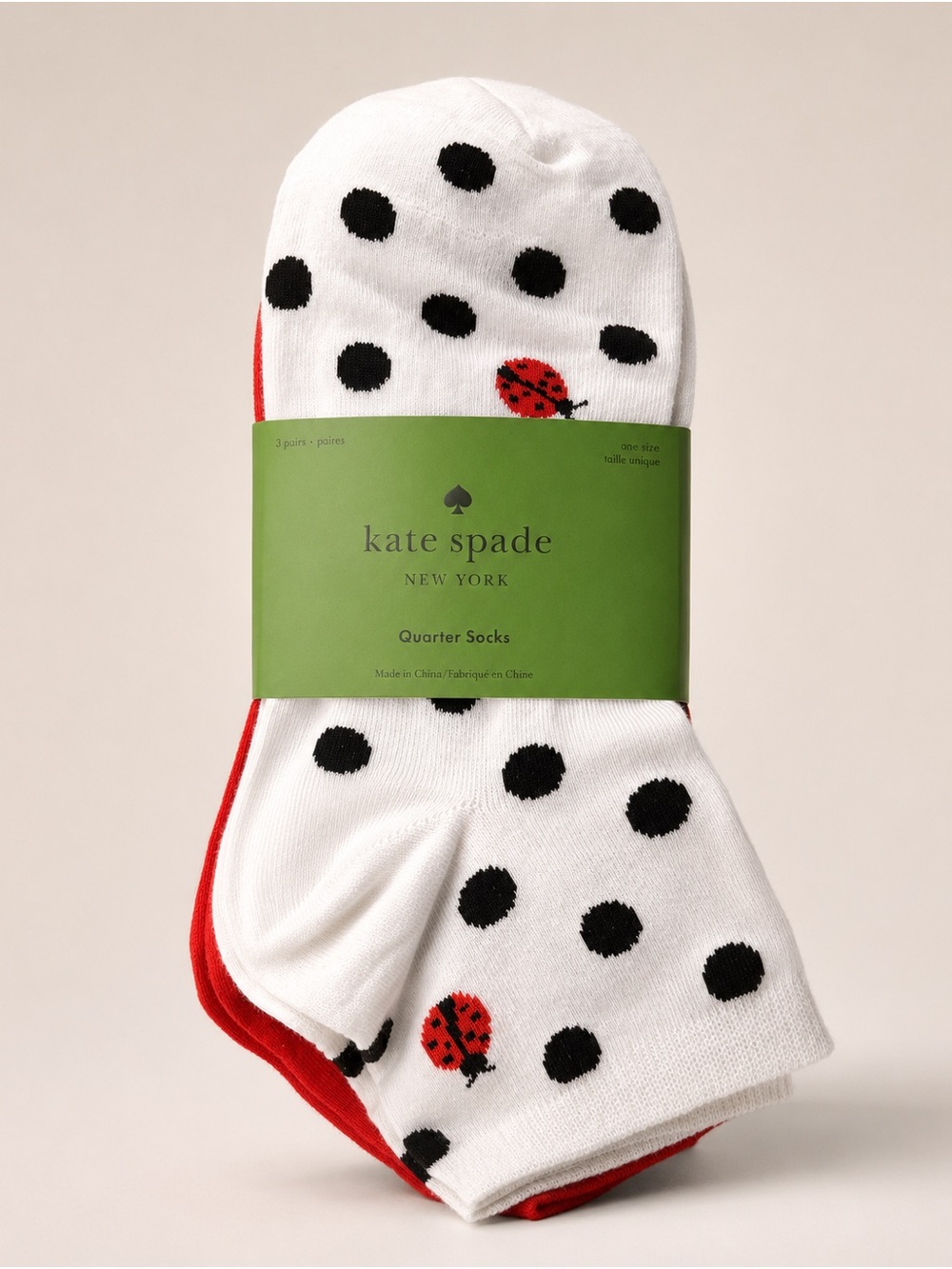 NWT Kate Spade New York 3-Pack Quarter Socks Ladybug Polka Dot Spade Logo.
